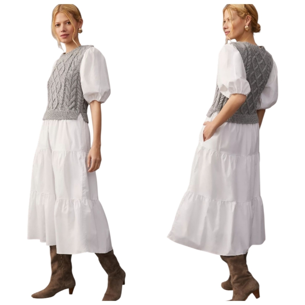 Anthropologie English Factory Wht/Gray Cable Knit Puff Sleeve Tier Ruffle Dress